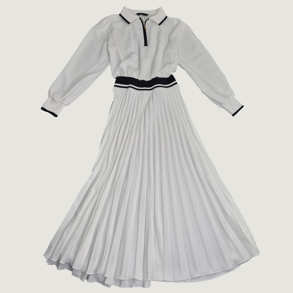 Zara White Pleated Polo Midi Dress Long Sleeve Zip Neck Striped Waist M Preppy